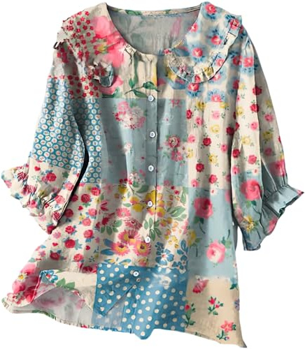 Women’s Summer Dressy Boho Floral Print 3/4 Sleeve Shirt Tops Comfy Casual Loose Cute Lapel Button Down Blouses