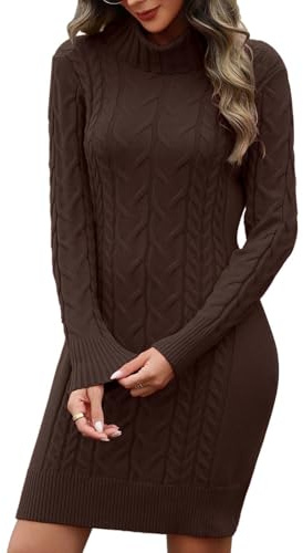 PASUDA Winter Jumper Dresses Women Stretchy Knitted Dress Ladies Long Sleeve Turtleneck Slim Fit Cable Tunic Sweater Dress Bodycon Pullover Knitwear