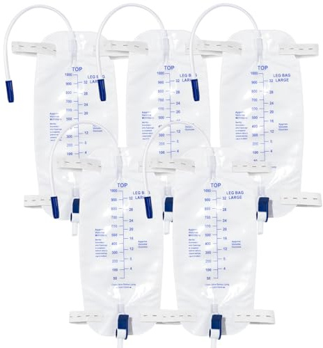 5pcs 1000ML Urinary Drainage Bag, Urine Bag with Anti Reflux Chamber, Urine Drainage Bags with 06-Tap Valve and 45cm Tube, Individually Sealed Urinal Night Bags (1000, 5)
