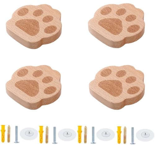 BOOLSFMAM 4 pomos de muebles de madera con motivos de animales, botones decorativos de madera para cajón, ganchos adhesivos, tiradores de muebles, tiradores de cajones, ganchos de pared para armarios