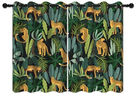 YONGFOTO 117x138cm Dschungel Safari Verdunkelungsvorhänge für Schlafzimmer Wilde Tiere Wildtiere Leoparden Tropische Blätter Wald Fensterbehandlungen für Kinderzimmer, 2 Paneele mit Ösen