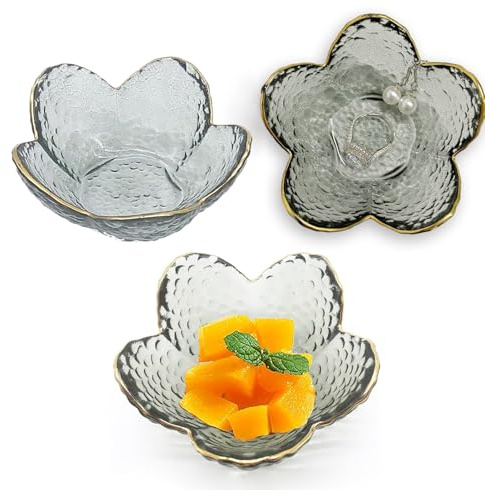 PIPITA Lot de 3 bols à dessert transparents motif fleurs de cerisier, bols à épices, bols à sauce en verre, bols à trempette, mini bols en cristal pour crème glacée, dessert, en-cas, ketchup, sauce