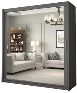 DELUXEWARE 2&3 Sliding Door Wardrobe - Elegant Wardrobe with Double Full-Length Mirror, Hanging Rail & Shelves | Sleek Matt Finish Bedroom Wardrobes with Strong Mdf Construction (Gray, 203cm)