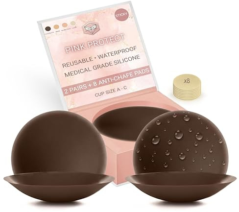 Pink Protect – Lot de 2 Paires de Cache-tétons en Silicone médical réutilisables + Miroir de Poche – 8 Paires de Patchs adhésifs Invisibles, Respirants, Confortables et lavables pour Femme (Chocolat)