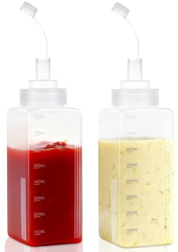 ECVUKQ 2 Stück Quetschflasche 800ml, Plastik Squeeze Flasche Breiter Mund Saucenflasche Dosierflasche Soßenflaschen mit Auslaufsichere Kappe und Messskal für Olivenöl Scharfe Soße Ketchup Flasche