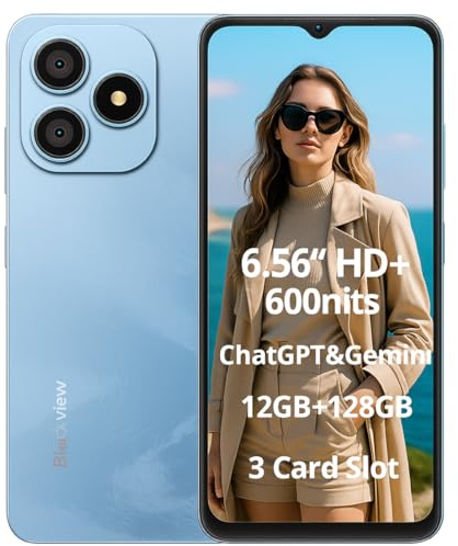 Blackview Wave 9C 4G AI Smartphone ohne Vertrag, 6,56'' 600 Nits Display, 12GB+128GB(2TB Externe), 3 KI-Smart-Assistenten, 13MP+8MP, 3-Steckplatz, Android 15 DUAL Simlockfreie Handy, GPS Blau