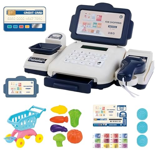 DiiWmme Toy Cash Register for Kids Ages 3+, Pretend Play Shop with Scanner, Sounds, Toy Money and Shopping Basket, Educational Role Play Gift for Boys and Girls (Blue)