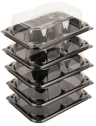 delisupplies 5 x Ultimate Small Sandwich Platter with Lid, Unique Press Stud Secure Closing, Rectangle Food, Cake, Tray Set Black Base Clear Lid Serving Platters for Buffet, Catering, 255 x 180mm