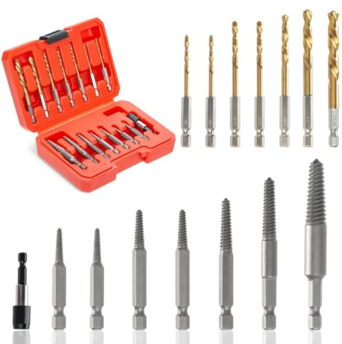 15-Pieces Screw Extractor Set, 37# CR-MO & 6542 HSS Steel Cobalt Left Hand Reverse Drill Bit with 1/4'' Adaptor, Ez Out Stripped Tiny Bolt Remover Kit, Easy Out Broken Screw Head Speed Out Tool