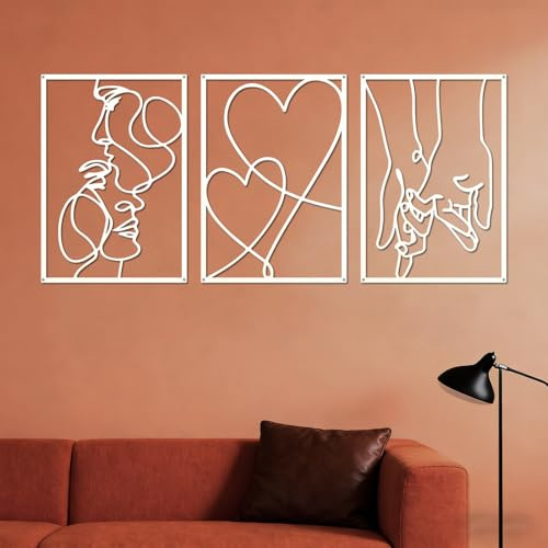 ESTART Minimalistische Metall-Wanddekoration, 3 Stück, Valentinstag, Liebhaber, Kuss, Hand, Ästhetisch, Zum Aufhängen für Schlafzimmer (Weiß)