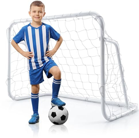 COSTWAY Porta da Calcio per Bambini, Mini Porta da Calcio 121 x 60 x 80 cm in Metallo con Rete e 6 Picchetti, Rete da Calcio per Campo, Giardino e Cortile, Attrezzatura per Allenamento di Tiro