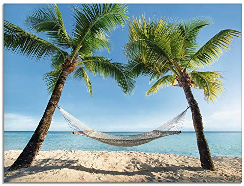 ARTland Wanddeko Glasbilder Wandbild Glas Bild einteilig 80x60 cm Querformat Strand Meer Südsee Karibik Palmen Insel Urlaub Natur Hängematte T4TO