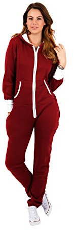 Womens Plain Zipper Onesie Ladies Onepiece All in One Hooded Zip Up Overall Jumpsuit Playsuit, L, Wine