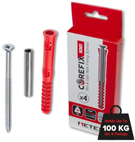 Corefix 100mm Heavy Duty Dot & Dab Wall Fixings - Plasterboard Over Blockwork Wall Plugs & Screws - for TVs, Radiators, Shelving & More - Holds 100kg on 4 fixtures - Reinforced Steel Core - 4 Pack