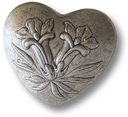5er Set bezaubernde leicht gewölbte altsilberfarbene Metallknöpfe in Herz Form mit zwei Enzian Blüten/Altsilberfarben geschwärzt/Trachtenknöpfe/Ø ca. 19x21mm