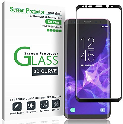 amFilm Galaxy S9 Plus Screen Protector Glass | Full Cover (3D Curved) Tempered Glass Screen Protector with Dot Matrix for Samsung Galaxy S9+ (Black)