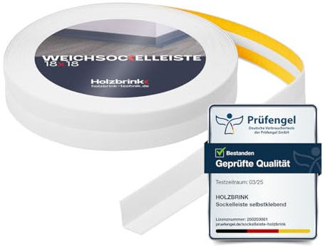 HOLZBRINK Plinthe souple autoadhésive blanche 18x18mm, 25 m | Plinthe PVC pour jonction plan de travail, bande joint salle de bain | Lame PVC adhesive
