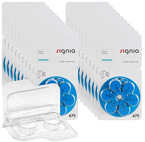 Signia - 120 batterie per apparecchi acustici, misura 675, 20 x 6 blister PR44 blu 24600 + contenitore EWANTO per 2 batterie (10, 13, 312, 675), scatola trasparente per batterie a bottone < Ø 12 mm x