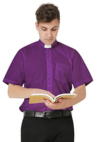IvyRobes Hommes Chemise Prêtre Col Romain Pretre Clergyman Chemises Manches Courtes Clergé Violet 43-44 EU (17.5)
