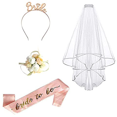 Deko Accessoires für Den Junggesellinnenabschied mit Schärpe JGA, Weißer Schleier mit Kamm, Krone Haarreif, Blumenarmband Braut Brautjungfern für Braut to be, Braut Dusche, Team Braut
