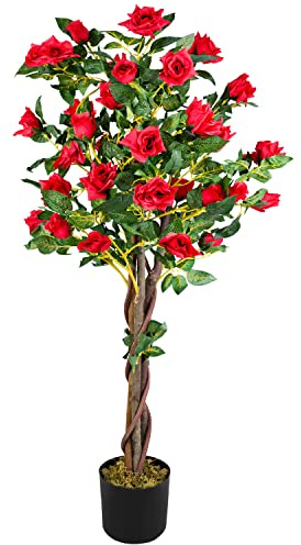 Decovego künstliche Rose Rosenstock 120 cm, Kunstpflanze mit roten Blüten, Pflegeleichte Dekopflanze für Innenräume