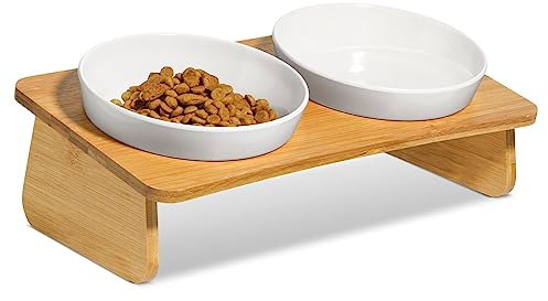 ComSaf Erhöhter 15°katzennapf Futternapf Katze mit Bambusständer, katzennapf erhöht mit 2 Melamin-Näpfen, Gekippte Katze für Futter und Wasser, schützt die Wirbelsäule des Haustiers, Weiß