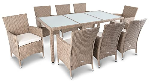 di volio Polyrattan Sitzgruppe Verona - Lounge Gartenmöbel-Set für Garten oder Terrasse, Tisch mit Glasplatte + 8 Stühle - Lounge-Set in Rattan-Optik beige