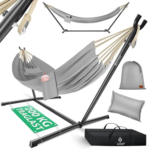 KESSER® Hängematte Lake mit Gestell, Doppel für 2 Personen, 200kg Belastbarkeit, Indoor & Outdoor, XXL Hängesessel, Garten, Pool, Balkon, Terrasse, Inkl. Kissen, Beutel & Tasche, Grau