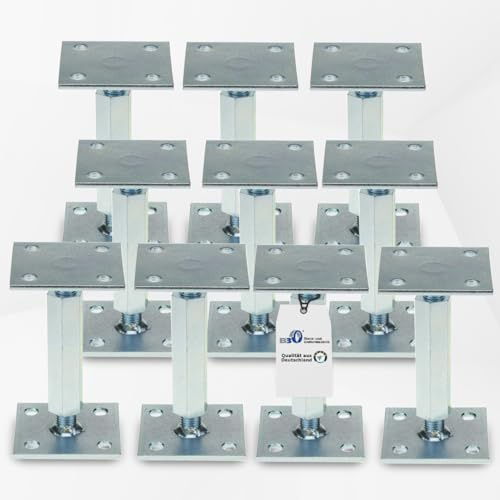 Pfostenträger höhenverstellbar (10 Stück) Boden/ Trägerplatte 100 x 100 x 5 mm Stützenfuß Stützfuß Bodenfuß Betonfuß mit Gewindemuffe verstellbar, Rechts-Linksgewinde
