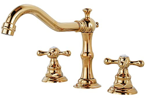 Waschtischarmatur 3 Loch, Wasserhahn Bad Doppelgriff Geteilt Waschtischarmatur Wasser Heiß und Kalt Messing Waschbeckenarmatur-Gold