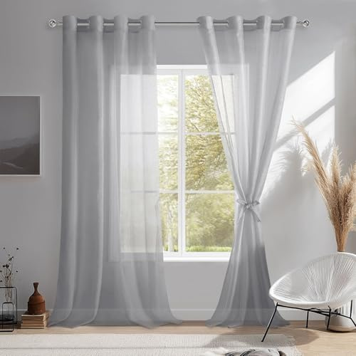 DWCN Sheer Voile Vorhang mit Ösen Gardinen Kurz Durchlässige Vorhänge Vorhang Transparent, Grau, 240x132cm(HxB)