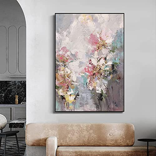 Ölbilder Auf Leinwand Handgemalt,100% Handgemaltes Acrylgemälde Extra Großes Kunstwerk Ölgemälde, Abstrakte Kreative Rosa Blumen Textur Kunstwandbild, Moderne Wandkunst Rahmenloses Cooles Bild F
