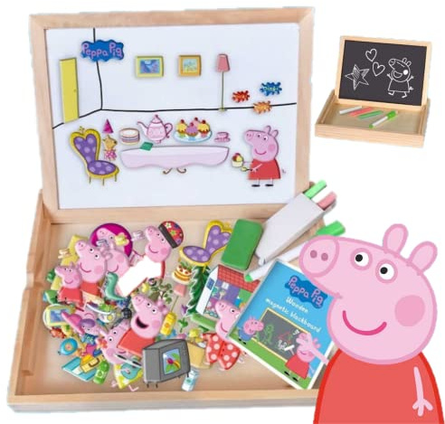 Doppelseitige Magnettafel Schwein Peppa - Holz Puzzle für Kinder - Spielzeug Magnettafel - Puzzle und Zeichnwand ab 3 Jahren - Lernen und Spielen - Peppa Schweinchen Haus