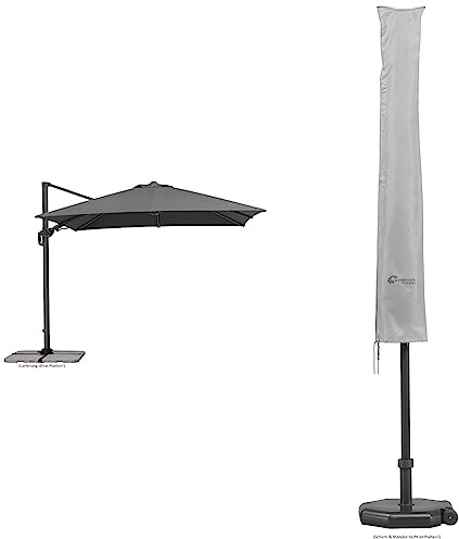 Schneider Sonnenschirm Rhodos Twist, anthrazit, 300 x 300 cm quadratisch, 730-15, Gestell Alu/Stahl, 25.7 kg & Schutzhülle für Sonnenschirme bis 300 cm Ø, 821-00, silbergrau, 177 x 26/34 cm, 0.3 kg
