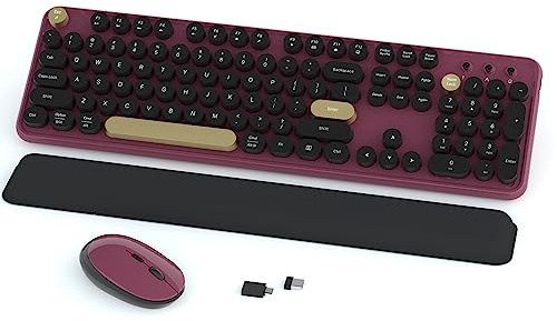 Colorful Wireless Keyboard and Mouse Combos, Retro Keyboard and Mouse Wireless Full Size, 2.4Ghz Connection and Optical Mouse for Windows, Mac, PC, Laptop for Home and Office (Burgundy-Black)