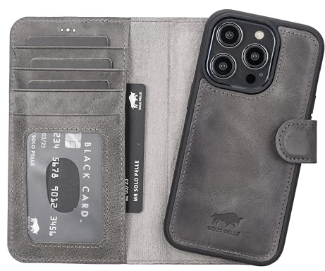 Solo Pelle Lederhülle kompatibel für iPhone 15 Pro in 6.1 Zoll abnehmbare Hülle (2in1) inkl. Kartenfächer für das original Apple iPhone 15 Pro (Steingrau)