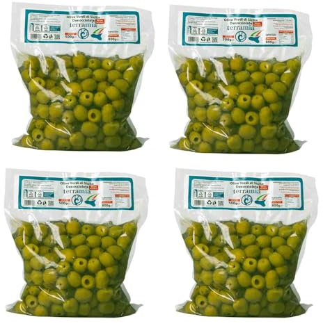 Terramia Olive Verdi Dolci di Sicilia Nocellara Denocciolate in Salamoia – Prodotto Artigianale da Azienda Premiata Ercole Olivario e Monna Oliva, Formato Scorta 2kg (4 Buste x 500g)
