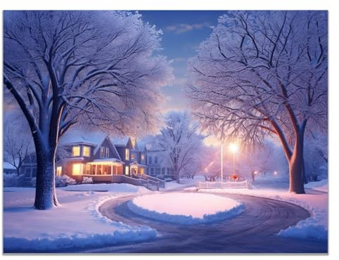JOSUE Winterschnee Bilder Kinderzimmer Leinwand,Schneebaumlichthaus Blau, Gold Poster HeimbüRo Wohnzimmer Schlafzimmer Badezimmer Wanddeko-20x30cm Ungerahmt
