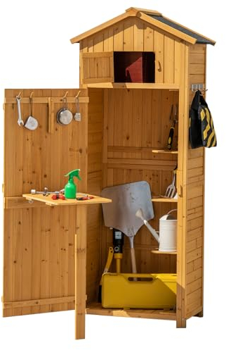 HOMASIS Casetta da Giardino in Legno, Casetta Porta Attrezzi da Giardino con Ripiano Pieghevole e Ganci, Capanno da Esterno Impermeabile e Salvaspazio, 65 x 42 x 180,5 cm (Marrone)