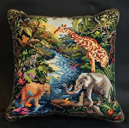 kitphoenix Latch Hook Kissen Kit, Tier Knüpfkissen Set Für Anfänger Erwachsene Oder Kinder Zum Selber Knüpfen,Tier Elefant Tiger Löwediy Knüpfteppich Knüpfpackung, Knüpfhaken Set 43 X 43 Cm