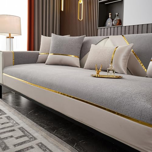 ZCXRYFL Sofabezug Ecksofa L/U-Form Chenille-Sofa üBerwurf Decke 1 2 3 4-Sitzer Rutschfester Couch üBerzug FüR Leder/Holz/Stoff Sofa Balkon Fensterbank Decken FüR Katzen Ratzfeste(90X210cm,Grey)