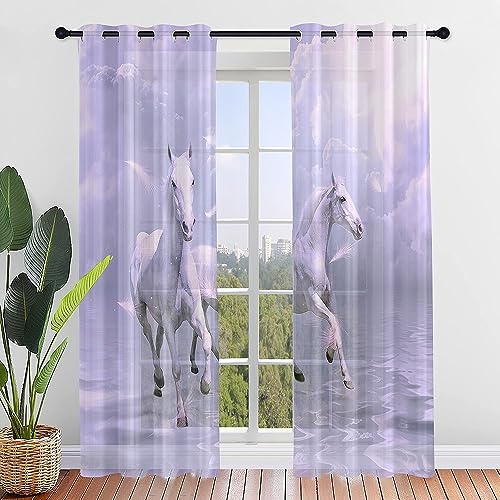 Surwin Cavallo Tende per Interni, Tende a Vetro con Occhielli, 2 PezziTende Camera da Letto, Tende Voile Semi Trasparenti, per Camera Cucina, Soggiorno (Cavallo Bianco,107x244cm)
