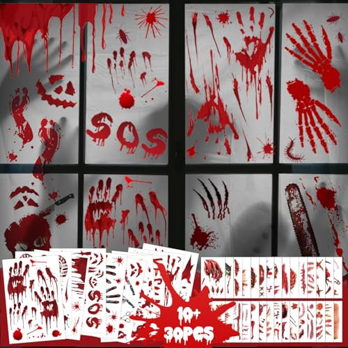 Halloween Deko Gruselig Fensterbilder, Surcotto Halloween Fensterbilder Deko, 10 Halloween Fensterbilder mit 30 Halloween Tattoos, blutige Halloween Deko für Tür, Wand & Fenster – selbstklebend