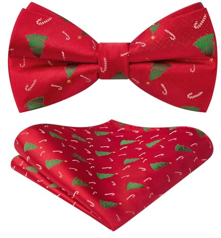 HISDERN Weihnachtsfliege Herren Vorgebunden Weihnachten Fliege und Einstecktuch Set Einstellbar Rot Fliege Taschentuch für Geschenke Feiertags