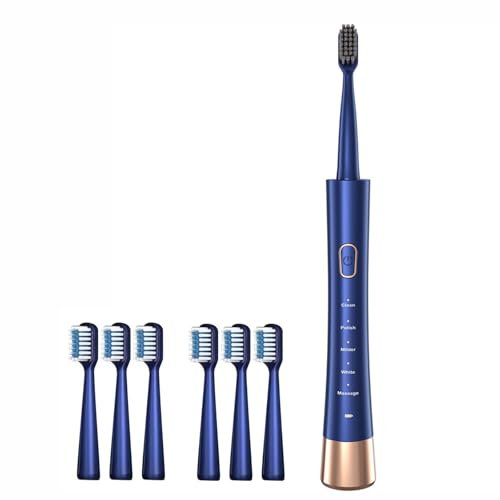 Ultrasonic Electric Toothbrush with 6 Brush Heads-5 Modes,Lasting 60 Days on Full Charge,31,000 Vibrations per Minute,IPX7 Waterproof,Curved fuselage (Blue, Adult)