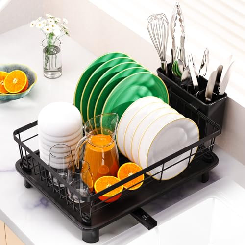 Beizkna Dish Drainer Rack Stainless Steel Dish Drying Rack Kitchen with Drip Tray Space-Saving Draining Board Rack for Counter Sink with Cutlery Holder for Utensil Washing Up, Black 15''L x 11''W