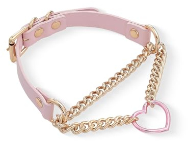 ADEMISHIA Schwarzes/Rosa Lederhalsband für Frauen, handgefertigter verstellbarer Kettenkragen mit metallischem Herzring (Rosa&Gold)
