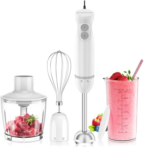 Bonsenkitchen Batidora de mano, Batidora de Inmersión Eléctrica de Acero Inoxidable de 1000 W, 2 Velocidades Variables, con Picadora, vaso Medidor y Batidor, para Papillas, Sopas, Batidos y Purés