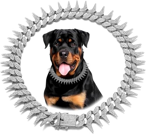 Silver Dog Chain Collar, Cool Spiked Style Necklace Bling Diamond Cuban Link Dog Collars Glitter Rhinestone Puppy Collar for XXS XS Small Medium Large Pet Dogs Cats (Silver, 8 Inches)