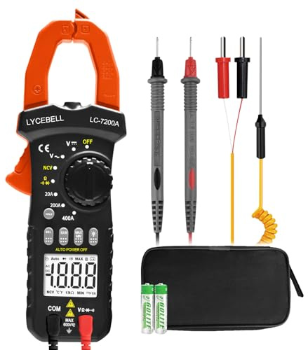 LYCEBELL 7200A digital strömtångsmätare True RMS 600 V 400 A AC/DC bilrange multimeter, NCV kontaktlös spänningstestare tångströmsmätare med dataminne för elektriker och hemmabruk